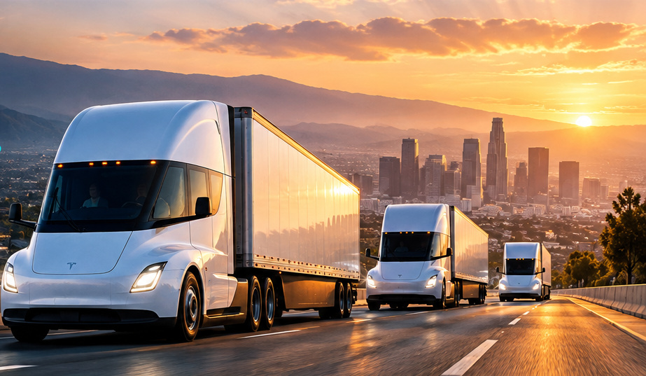Concept illustration of a small electric semi fleet on a Southern California coastal highway at sunset